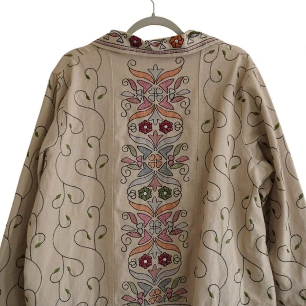Denim & Co Tan Embroidered Floral Cotton Jacket‎ Plus Size 1X Cottagecore Boho